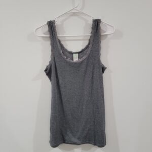 Y2K Womens Tank Top Size Medium Fitted Gray Lace Trim Elana Bella Preppy‎